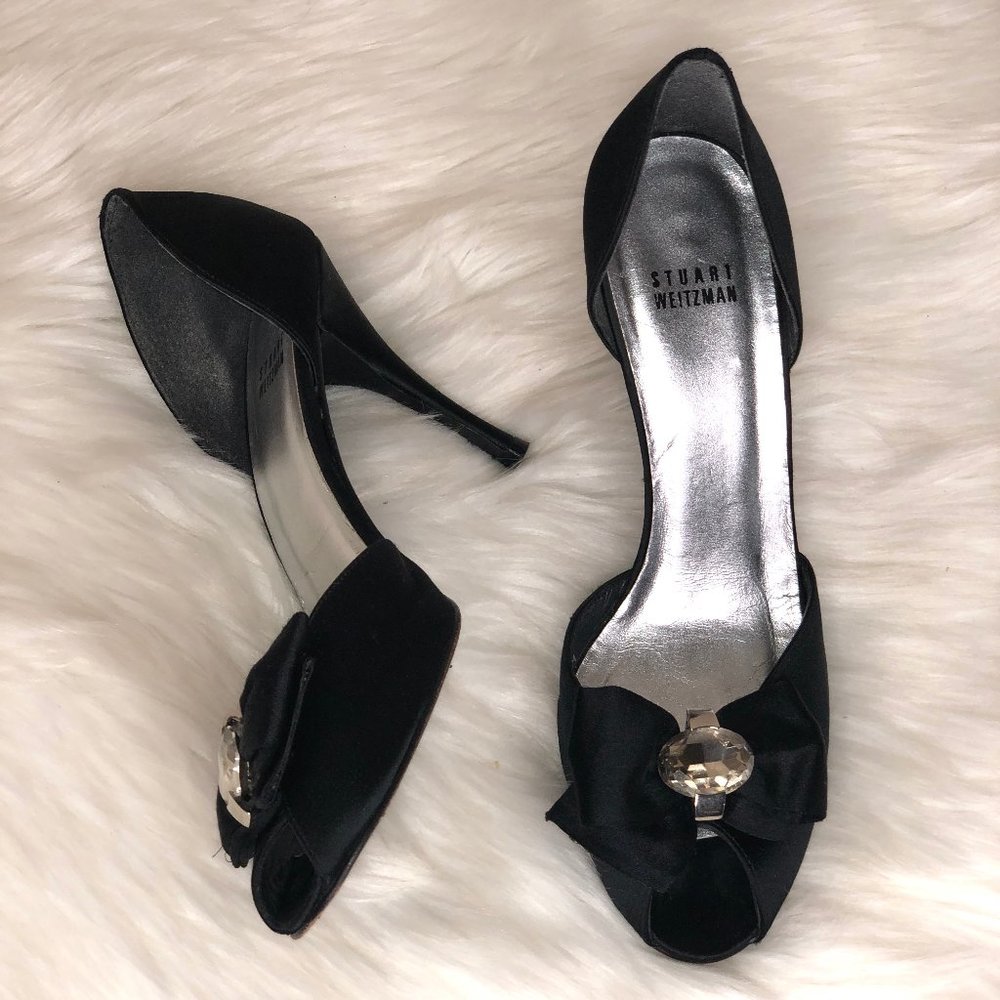 Stuart Weitzman 9 M Black Satin SOLITAIRE Heel